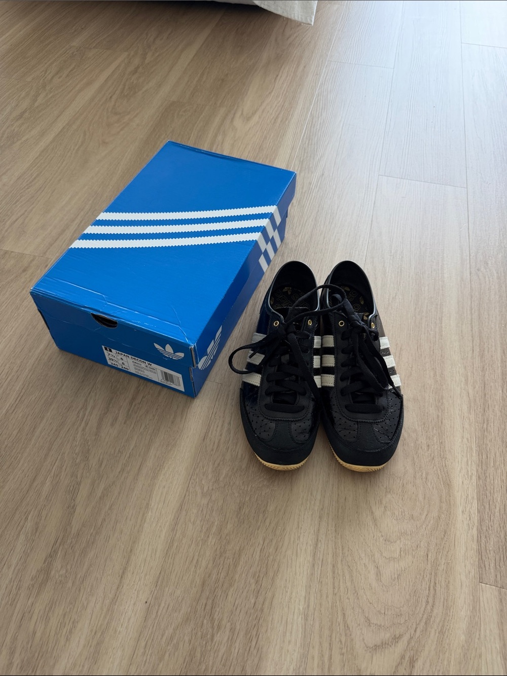 Adidas Japan Decon Black Sneakers with White Stripes and Gum Sole